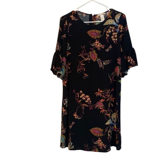 H&M Black with Colorful Floral Print Dress with Ruffle Sleeves Women Size 6 - Picture 2 of 12